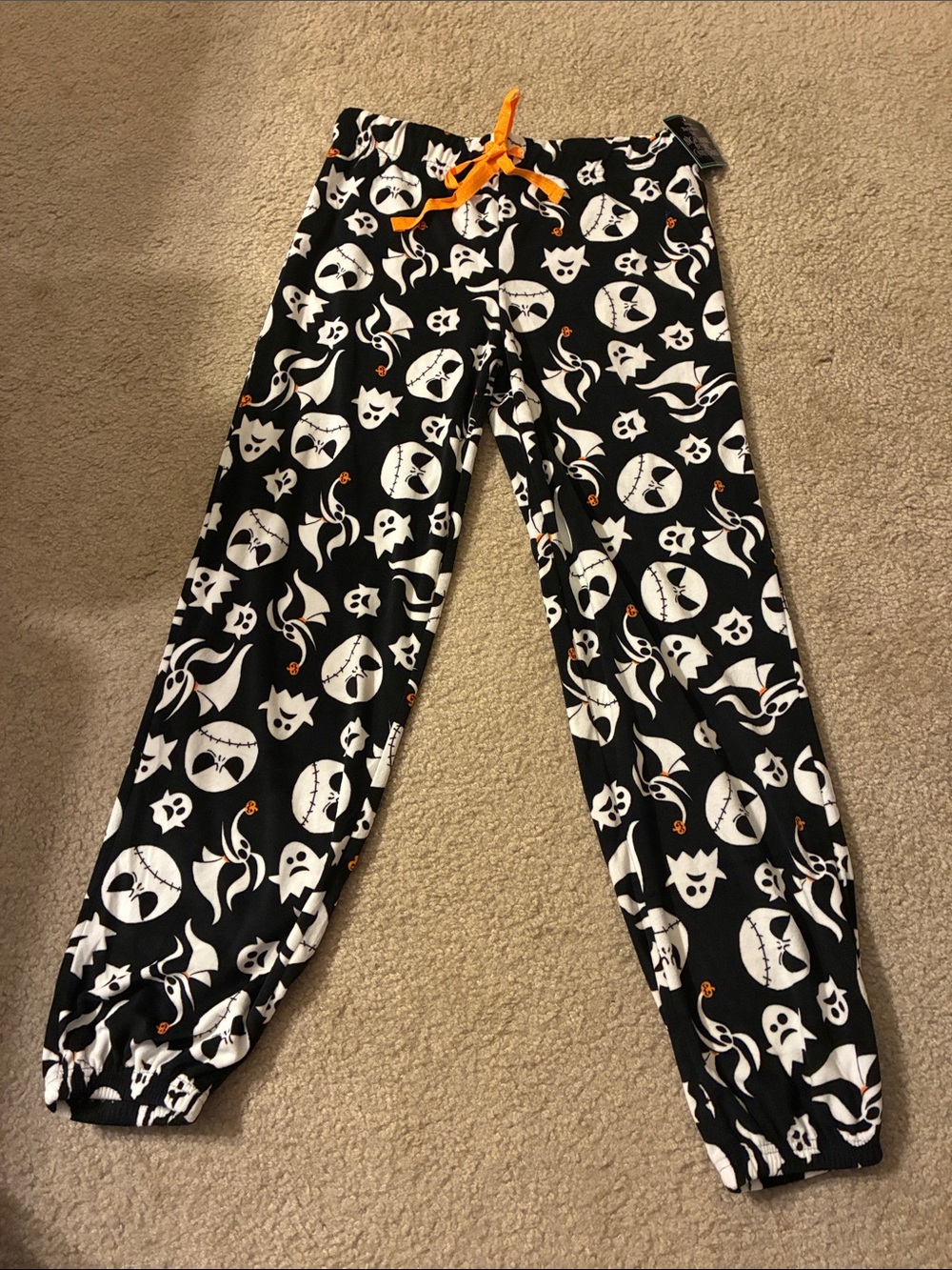 Disney Black Ghost & Pumpkin Print Kids Pajama Pants with Orange Drawstring